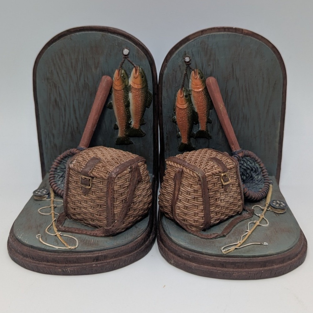 Vintage Fly Fishing Resin Bookends Rustic Cabin Decor Nursery Library Office